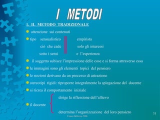 75
Franco Bellezza- 2006Franco Bellezza- 2006
1. IL METODO TRADIZIONALE
attenzione sui contenuti
tipo sensualistico empirista
ciò che cade solo gli interessi
sotto i sensi e l’esperienza
il soggetto subisce l’impressione delle cose e si forma attraverso essa
le immagini sono gli elementi topici del pensiero
le nozioni derivano da un processo di astrazione
stereotipi rigidi: riproporre integralmente la spiegazione del docente
si ricrea il comportamento iniziale
dirige la riflessione dell’allievo
il docente
determina l’organizzazione del loro pensiero
 