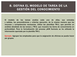 8. DEFINA EL MODELO DE TAREA DE LA
GESTIÓN DEL CONOCIMIENTO
El modelo de las tareas analiza cada una de ellas, sus entradas
y salidas, las precondiciones y criterios ejecución, de la misma manera que los
recursos y competencias necesarias. Utiliza las plantillas TM-1, que permite un
análisis detallado de las tareas y TM-2, que muestra los ítems de conocimiento en
profundidad. Para la formalización del proceso pKM Suricata se ha utilizado la
información aportada por la plantilla TM-1.
Ejemplo: Agrupar los empleados para que la asignación de oficinas se pueda hacer
por grupos.
 