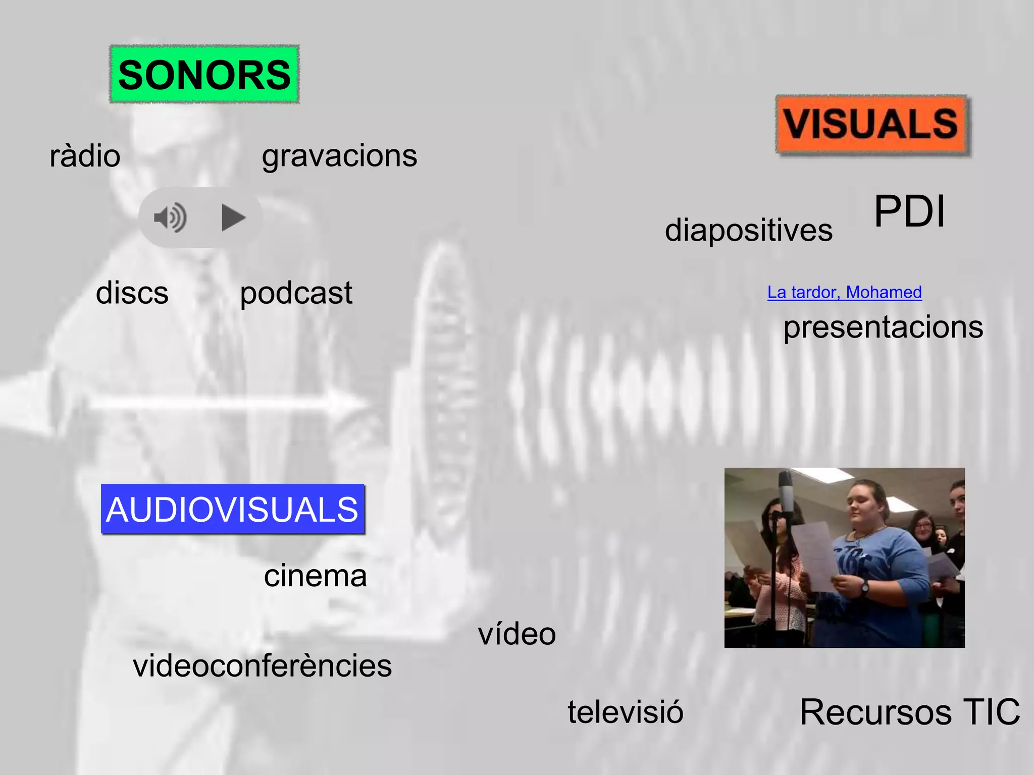 SONORS 
gravacions 
ràdio 
discs podcast 
PDI 
diapositives 
presentacions 
Recursos TIC 
AUDIOVISUALS 
cinema 
videoconferències 
televisió 
vídeo 
La tardor, Mohamed 
 