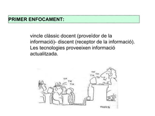 PRIMER ENFOCAMENT: 
vincle clàssic docent (proveïdor de la 
informació)- discent (receptor de la informació). 
Les tecnologies proveeixen informació 
actualitzada. 
 