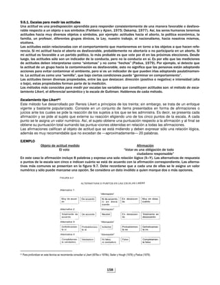 GFO
P L G "# % " ! % " # ! $ "P L G "# % " ! % " # ! $ "P L G "# % " ! % " # ! $ "P L G "# % " ! % " # ! $ "
. ) " $ !" "!#!' ! " # "!" $ - / % "- / 7
% " # $ ? "$" "1 % " 4*!", ! & ? 3 GPNFE"W 3 GPNN5 "13 % " " " ,$ " "
# ! $ " ,#! $& !/ " " ? " "1 % "3 ? % 2 # ! $ " ,#! % 3 % %1 !# # ' !# 3 %
- !%! 3 $ - " 3 !- " + $ " ) !# "3 % &3 $ " ? 3 % #! %!" 3 ,#! " " !" "3
#)
" # ! $ " " % #! " # % # ! A$ " % " ? " A$ ,# - 7
#! ! ! # ! $ ,#! % " "- / % 3 % 1 !#! 1 $ !
! # ! $ " - / % $ ! %1 !# 3 % " % " A$ / )% % " 'D! " % ##! " "
%$ + 3 % " # ! $ " "'% " $ ! !# % # $# 3 % # $# "1 " %% A$ % " !#! "
# ! $ " ! " # S"1 "K & # S,#,"K 4( $ 3 GPNP5 ( ? % 3 "! # A$
% # ! $ $ + $ ,#! % # ! #!' " "- / % 3 " "!+ !-!# A$ % " " " "
##! " /! # ! % ! 3 "1 " $ ! !# A$ $ ! % " $% ! 7
# ! $ " # $ S" !%% K3 A$ ? #! " # !#! " $ S+ ! # ! K
" # ! $ " ! !/ " " ! "3 % " A$ " # 2 ! ##!' 4 "! !/ + !/ 5 ! "! 4 %
? 53 " " ! " - % !#!'
" /< /" % / % *) )- ) ; % /< '
/ J 0% . /" &% ) / % " # )
/ % J/ % J/ % J/ % J A2A2A2A2
Este método fue desarrollado por Rensis Likert a principios de los treinta; sin embargo, se trata de un enfoque
vigente y bastante popularizado. Consiste en un conjunto de ítems presentados en forma de afirmaciones o
juicios ante los cuales se pide la reacción de los sujetos a los que se les administra. Es decir, se presenta cada
afirmación y se pide al sujeto que externe su reacción eligiendo uno de los cinco puntos de la escala. A cada
punto se le asigna un valor numérico. Así, el sujeto obtiene una puntuación respecto a la afirmación y al final se
obtiene su puntuación total sumando las puntua¬ciones obtenidas en relación a todas las afirmaciones.
Las afirmaciones califican al objeto de actitud que se está midiendo y deben expresar sólo una relación lógica,
además es muy recomendable que no excedan de —aproximadamente— 20 palabras.
= (= (= (= (
? # ! $ ! -! #!'
% / S " $ %!+ #!'
#!$ " " % K
" # " % -! #!' ! #%$& O % " & D " $ " % % #!' %'+!# 49U:5 " % !/ " " $ "
$ " % "# % " #! # ! !# #$ " " #$ # % -! #!' # " ! " % 7
!/ " " # $ " " " % -!+$ P N # " A$ # $ %% " " % "!+ $ / %
$ ) !# &"'% $ # " $ #!' # "! $ ! / %! A$! A$ " " #! "
L ) . 4 7 3 =6 =6$" A 2 5 =6" 2 ) = "
 
