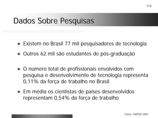 112
Dados Sobre PesquisasDados Sobre Pesquisas
! Existem no Brasil 77 mil pesquisadores de tecnologia
! Outros 62 mil são estudantes de pós-graduação
! O número total de profissionais envolvidos com
pesquisa e desenvolvimento de tecnologia representa
0,11% da força de trabalho no Brasil
! Em média os cientistas de países desenvolvidos
representam 0,54% da força de trabalho
Fonte: FAPESP 2001
 