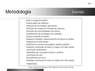 201
MetodologiaMetodologia
- Visão e escopo do projeto;
- Projeto lógico do ambiente;
- Definição da comunidade aprendente;
- Definição do escopo do conteúdo do endereço;
- Definição das funcionalidades interativas;
- Detalhamento da tecnologia a ser utilizada;
- Projeto do Bando de Dados;
- Diagrama Entidade e Relacionamento do Banco de Dados;
- Arquitetura da Informação;
- Definição da estrutura das páginas, padrões gráficos;
- Avaliação continuada de todas as etapas com toda equipe;
- Construção do Ambiente;
- Elaboração dos conteúdos textuais e gráficos;
- Construção do sítio;
- Procedimentos de teste;
- Avaliação continuada de todas as etapas com toda equipe;
- Implantação;
Exemplo
Fonte: Projeto de Pesquisa, Prof. Roberto Carlos Grings, M.Eng.
 
