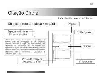 225
Citação DiretaCitação Direta
Método Estruturalista, desenvolvido por Lévi-Straus. O
método parte da investigação de um fenômeno
concreto, eleva-se, a seguir, ao nível abstrato, por
intermédio da constituição de um modelo que
represente o objeto de estudo, retornando por fim ao
concreto, dessa vez como uma realidade estruturada e
relacionada com a experiência.... (LAKATOS &
MARCONI, 1991, p.85)
Espaçamento entre
linhas = simples
Recuo da margem
esquerda = 4 cm
Página
1º Parágrafo
2º Parágrafo
Citação
Citação direta em bloco / recuada:
Para citações com + de 3 linhas
 