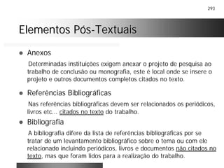 293
Elementos PósElementos Pós--TextuaisTextuais
! Anexos
Determinadas instituições exigem anexar o projeto de pesquisa ao
trabalho de conclusão ou monografia, este é local onde se insere o
projeto e outros documentos completos citados no texto.
! Referências Bibliográficas
Nas referências bibliográficas devem ser relacionados os periódicos,
livros etc... citados no texto do trabalho.
! Bibliografia
A bibliografia difere da lista de referências bibliográficas por se
tratar de um levantamento bibliográfico sobre o tema ou com ele
relacionado incluindo periódicos, livros e documentos não citados no
texto, mas que foram lidos para a realização do trabalho.
 