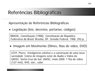 305
Referências BibliográficasReferências Bibliográficas
Apresentação de Referências Bibliográficas
! Legislação (leis, decretos, portarias, códigos)
BRASIL, Constituição (1988). Constituição da República
Federativa do Brasil. Brasília, DF: Senado Federal, 1988. 292 p.
! Imagem em Movimento (filmes, fitas de vídeo, DVD)
LÉVY, Pierre. Inteligência coletiva e a construção de uma nova
sociedade. Coleta de imagens setor de Áudio e Vídeo da
UNISC. Santa Cruz do Sul: UNISC, maio 2000. 1 fita de vídeo
(137 min), VHS, son., color.
 