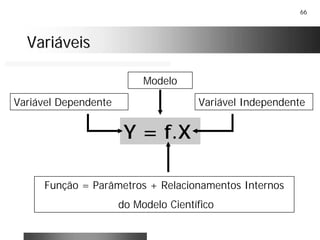 66
VariáveisVariáveis
Y = f.X
Variável Dependente Variável Independente
Função = Parâmetros + Relacionamentos Internos
do Modelo Científico
Modelo
 