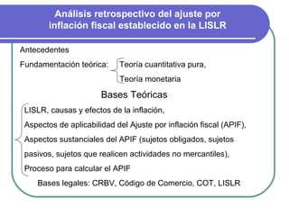 Análisis retrospectivo del ajuste por
        inflación fiscal establecido en la LISLR

Antecedentes
Fundamentación teórica:     Teoría cuantitativa pura,
                            Teoría monetaria

                       Bases Teóricas
 LISLR, causas y efectos de la inflación,
 Aspectos de aplicabilidad del Ajuste por inflación fiscal (APIF),
 Aspectos sustanciales del APIF (sujetos obligados, sujetos
 pasivos, sujetos que realicen actividades no mercantiles),
 Proceso para calcular el APIF
    Bases legales: CRBV, Código de Comercio, COT, LISLR
 