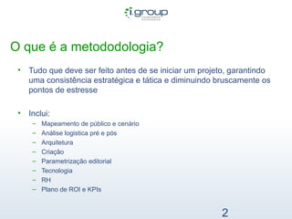 O que é a metododologia? Tudo que deve ser feito antes de se iniciar um projeto, garantindo uma consistência estratégica e tática e diminuindo bruscamente os pontos de estresse Inclui: Mapeamento de público e cenário Análise logistica pré e pós Arquitetura Criação Parametrização editorial Tecnologia RH Plano de ROI e KPIs    