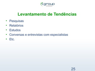 Levantamento de Tendências   Pesquisas Relatórios Estudos Conversas e entrevistas com especialistas Etc. 