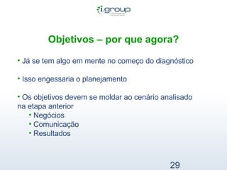   Objetivos – por que agora? Já se tem algo em mente no começo do diagnóstico Isso engessaria o planejamento Os objetivos devem se moldar ao cenário analisado na etapa anterior Negócios Comunicação Resultados  