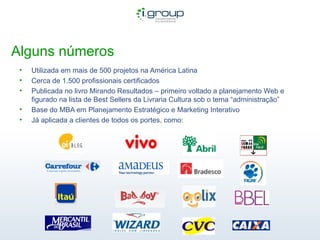 Alguns números Utilizada em mais de 500 projetos na América Latina Cerca de 1.500 profissionais certificados Publicada no livro Mirando Resultados – primeiro voltado a planejamento Web e figurado na lista de Best Sellers da Livraria Cultura sob o tema “administração” Base do MBA em Planejamento Estratégico e Marketing Interativo Já aplicada a clientes de todos os portes, como: 