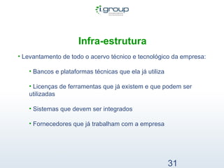   Infra-estrutura Levantamento de todo o acervo técnico e tecnológico da empresa: Bancos e plataformas técnicas que ela já utiliza Licenças de ferramentas que já existem e que podem ser utilizadas Sistemas que devem ser integrados Fornecedores que já trabalham com a empresa 