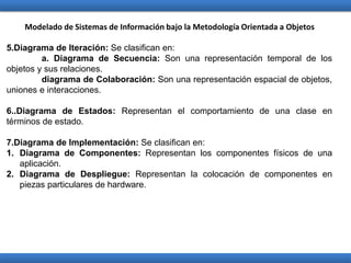 Modelado de Sistemas de Información bajo la Metodología Orientada a Objetos
5.Diagrama de Iteración: Se clasifican en:
a. Diagrama de Secuencia: Son una representación temporal de los
objetos y sus relaciones.
diagrama de Colaboración: Son una representación espacial de objetos,
uniones e interacciones.
6..Diagrama de Estados: Representan el comportamiento de una clase en
términos de estado.
7.Diagrama de Implementación: Se clasifican en:
1. Diagrama de Componentes: Representan los componentes físicos de una
aplicación.
2. Diagrama de Despliegue: Representan la colocación de componentes en
piezas particulares de hardware.