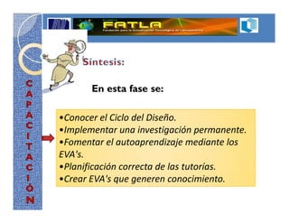 En esta fase se:

•Conocer el Ciclo del Diseño.
•Implementar una investigación permanente.
•Fomentar el autoaprendizaje mediante los
EVA's.
•Planificación correcta de las tutorías.
•Crear EVA's que generen conocimiento.
 