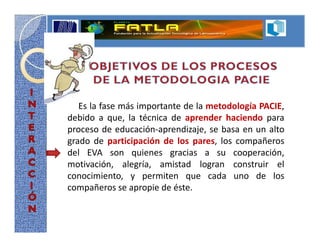 Es la fase más importante de la metodología PACIE,
debido a que, la técnica de aprender haciendo para
proceso de educación-aprendizaje, se basa en un alto
grado de participación de los pares, los compañeros
del EVA son quienes gracias a su cooperación,
motivación, alegría, amistad logran construir el
conocimiento, y permiten que cada uno de los
compañeros se apropie de éste.
 