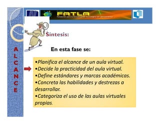 En esta fase se:

•Planifica el alcance de un aula virtual.
•Decide la practicidad del aula virtual.
•Define estándares y marcas académicas.
•Concreta las habilidades y destrezas a
desarrollar.
•Categoriza el uso de las aulas virtuales
propias.
 