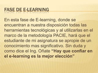FASE DE E-LEARNING
En esta fase de E-learning, donde se
encuentran a nuestra disposición todas las
herramientas tecnológicas y al utilizarlas en el
marco de la metodología PACIE, hará que el
estudiante de mi asignatura se apropie de un
conocimiento mas significativo. Sin duda y
como dice el Ing. Oñate “Hay que confiar en
el e-learning es la mejor elección”
 