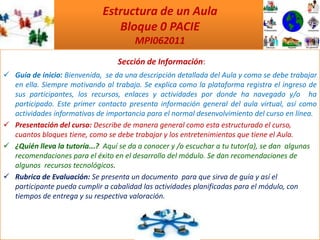 Estructura de un Aula  Bloque 0 PACIE  MPI062011Sección de Información:Guía de inicio: Bienvenida,  se da una descripción detallada del Aula y como se debe trabajar en ella.Siempre motivando al trabajo. Se explica como la plataforma registra el ingreso de sus participantes, los recursos, enlaces y actividades por donde ha navegado y/o  ha participado. Este primer contacto presenta información general del aula virtual, así como actividades informativas de importancia para el normal desenvolvimiento del curso en línea.