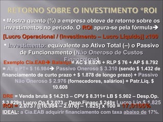  Mostra quanto (%) a empresa obteve de retorno sobre osMostra quanto (%) a empresa obteve de retorno sobre os
investimentos no período. Oinvestimentos no período. O ROIROI apura-se pela fórmulaapura-se pela fórmula
[Lucro Operacional / (Investimento – Lucro Líquido)] x100[Lucro Operacional / (Investimento – Lucro Líquido)] x100
 Investimento:Investimento: equivalente ao Ativo Total (–) o Passivoequivalente ao Ativo Total (–) o Passivo
de Funcionamento (de Funcionamento (Não Oneroso de CustosNão Oneroso de Custos
FinanceirosFinanceiros))Exemplo Cia.EAB Balanço= AC $ 8.026 + RLP $ 76 + AP $ 8.792
= AT e PT= $ 16.984 Passivo Oneroso $ 3.310 (sendo $ 1.432 de
financiamento de curto prazo + $ 1.878 de longo prazo) + Passivo
Não Oneroso $ 2.976 (fornecedores, salários) + Patr.Líq. $
10.608
DRE = Venda bruta $ 14.213 – CPV $ 8.311= LB $ 5.902 – Desp.Op.
$ 3.829= Lucro Op.$ 2.073 – Desp.Financ.$ 248= Lucro Líq.$ 1.825
ROIROI == 2.073 / [(16.984 – 2.976) – 1.825] x 100 = 17,0155%17,0155%
IDEAL: a Cia.EAB adquirir financiamento com taxa abaixo de 17%.
 