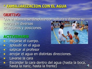*  FAMILIARIZACION CON EL AGUA OBJETIVO:   Que el alumno se desplace con soltura y domine su cuerpo en diversas  situaciones y posiciones. ACTIVIDADES mojarse el cuerpo. aplaudir en el agua salpicar al profesor arrojar el agua en distintas direcciones. Lavarse la cara Esconder la cara dentro del agua (hasta la boca, hasta la nariz, hasta la frente) 