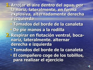 Arrojar el aire dentro del agua, por la nariz, lateralmente, en forma explosiva, alternadamente derecha e izquierda Tomados del borde de la canaleta De pie manos a la rodilla Respirar en flotación ventral, boca-nariz, lateralmente. alternar derecha e izquierda Tomados del borde de la canaleta El compañero coge de los tobillos, para realizar el ejercicio 