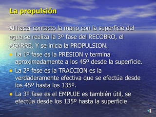 La propulsión Al hacer contacto la mano con la superficie del agua se realiza la 3º fase del RECOBRO, el AGARRE. Y se inicia la PROPULSION.  La 1º fase es la PRESION y termina aproximadamente a los 45º desde la superficie.   La 2º fase es la TRACCION es la verdaderamente efectiva que se efectúa desde los 45º hasta los 135º.  La 3º fase es el EMPUJE es también útil, se efectúa desde los 135º hasta la superficie   
