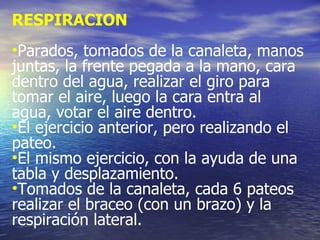 RESPIRACION Parados, tomados de la canaleta, manos juntas, la frente pegada a la mano, cara dentro del agua, realizar el giro para tomar el aire, luego la cara entra al agua, votar el aire dentro. El ejercicio anterior, pero realizando el pateo. El mismo ejercicio, con la ayuda de una tabla y desplazamiento. Tomados de la canaleta, cada 6 pateos realizar el braceo (con un brazo) y la respiración lateral. 