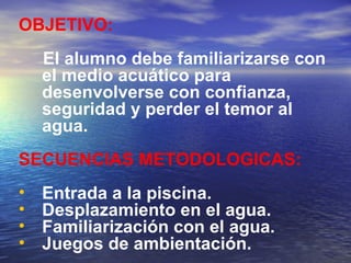 OBJETIVO:   El alumno debe familiarizarse con el medio acuático para desenvolverse con confianza, seguridad y perder el temor al agua. SECUENCIAS METODOLOGICAS: Entrada a la piscina. Desplazamiento en el agua. Familiarización con el agua. Juegos de ambientación. 