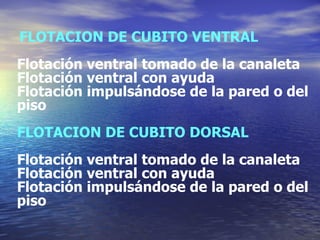 FLOTACION DE CUBITO VENTRAL Flotación ventral tomado de la canaleta Flotación ventral con ayuda Flotación impulsándose de la pared o del piso FLOTACION DE CUBITO DORSAL Flotación ventral tomado de la canaleta Flotación ventral con ayuda Flotación impulsándose de la pared o del piso 