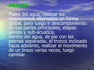 BRACEO Fuera del agua, realizar los movimientos alternados en forma global, para luego ir descomponiendo en sus partes principales, etapas aéreas y sub-acuatica. Dentro del agua, de pie con las piernas separadas, el tronco inclinado hacia adelante, realizar el movimiento de un brazo varias veces, luego cambiar. 