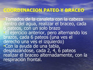 COORDINACION PATEO Y BRACEO Tomados de la canaleta con la cabeza dentro del agua, realizar el braceo, cada 6 pateos, con un solo brazo El ejercicio anterior, pero alternando los brazos, cada 6 pateos (una ves el derecho una ves el izquierdo) Con la ayuda de una tabla, desplazándose, cada 2, 4, 6 pateos realizar el braceo alternadamente, con la respiración frontal. 