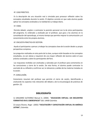 4º. CASO PRÁCTICO.

 Es la descripción de una situación real o simulada para provocar reflexión sobre los
conceptos estudiados durante la sesión. El objetivo consiste en que cada alumno pueda
aplicar los conceptos analizados a la realidad de su trabajo diario.

5º. FORO.

 Permite debatir, ampliar o contrastar la posición personal con la de otros participantes
del programa. Es ordenado y analizado por el profesor, que guía a los alumnos en la
consolidación del aprendizaje, al mismo tiempo que permite mejorar la comunicación y el
conocimiento entre los propios alumnos.

6º. ENCUESTA PRACTICA DE GESTION.

Ayuda al participante a pensar y trabajar los conceptos clave de la sesión desde su propia
perspectiva o empresa.

Las preguntas realizadas en esta parte de la clase, aunque están basadas en los conceptos
estudiados, no son obvias y requieren de una mayor reflexión del alumno sobre el caso
práctico analizado y sobre los participantes del foro.

 Las respuestas recibidas son analizadas y valoradas por el profesor para comentarlas en
las conclusiones y cierre de la sesión. De esta forma, el alumno puede contrastar lo
acertado de su reflexión y confirmar así, la relevancia y validez de las materias tratadas en
la sesión.

7º. CONCLUSIÓN.

Comentario resumen del profesor que permite el cierre de sesión, identificando y
analizando los aspectos más relevantes del debate y de la encuesta/guía de prácticas de
gestión. (5)



                              BIBLIOGRAFÍA
1) UNIGARRO GUTIERREZ Manuel A. (2004) “EDUCACION VIRTUAL: UN ENCUENTRO
FORMATIVO EN EL CIBERESPACIO” Edit. UNAB Colombia

2) Loayza Álvarez, Roger (2002) “FACILITACIÓN Y CAPACITACIÓN VIRTUAL EN AMÉRICA
LATINA”, Colombia.



                                                                                          14
 