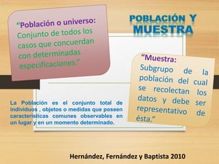 Hernández, Fernández y Baptista 2010
La Población es el conjunto total de
individuos , objetos o medidas que poseen
características comunes observables en
un lugar y en un momento determinado.
 