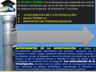 EL MARCO TEÓRICO es un documento que comprende una serie de
elementos conceptuales que sirven de base a la indagación por realizar,
en cualquiera investigación. Se estructura en 3 secciones:
1. ANTECEDENTES DE LA INVESTIGACIÓN
2. BASES TEÓRICAS
3. DEFINICIÓN DE TÉRMINOS BÁSICOS
ANTECEDENTES DE LA INVESTIGACIÓN: se refiere a
Investigaciones realizadas anteriormente que presenten vinculación con el
problema en estudio. Aunque constituyen elementos teóricos, pueden preceder a
los objetivos, ya que su búsqueda es una de las primeras actividades que se debe
realizar, lo que le permitirá precisar y delimitar el objeto de estudio y por
consiguiente los propósitos de la investigación. Los antecedentes de la
investigación, permiten crear un análisis crítico de investigaciones previas
para determinar su enfoque metodológico, especificando su relevancia y
diferencias con el trabajo propuesto y las circunstancias que lo justifican.
MARCO TEÓRICO
 