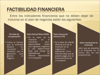 Entre los indicadores financieros que no deben dejar de incluirse en el plan de negocios están los siguientes:  