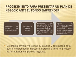 El sistema enviara vía e-mail su usuario y contraseña para que el emprendedor ingrese al sistema e inicie el proceso de formulación del plan de negocios. 