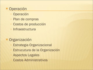Operación Operación Plan de compras Costos de producción Infraestructura Organización Estrategia Organizacional Estructura de la Organización Aspectos Legales Costos Administrativos 