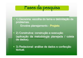 Fases da pesquisa

 1) Decisória: escolha do tema e delimitação de
  problemas.
      Envolve planejamento - Projeto

 2) Construtiva: construção e execução
  (aplicação da metodologia planejada / coleta
  de dados).

 3) Redacional: análise de dados e confecção
  textual.
 