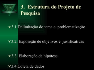 3.  Estrutura do Projeto de Pesquisa   3.1.Delimitação do tema e  problematização  3.2. Exposição de objetivos e  justificativas 3.3. Elaboração da hipótese 3.4.Coleta de dados 