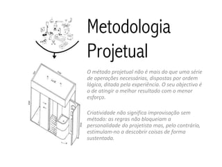 Metodologia
Projetual
O método projetual não é mais do que uma série
de operações necessárias, dispostas por ordem
lógica, ditada pela experiência. O seu objectivo é
o de atingir o melhor resultado com o menor
esforço.

Criatividade não significa improvisação sem
método: as regras não bloqueiam a
personalidade do projetista mas, pelo contrário,
estimulam-no a descobrir coisas de forma
sustentada.
 