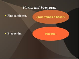 Fases del Proyecto
●   Planeamiento.       ¿Qué vamos a hacer?




●   Ejecución.               Hacerlo.
 