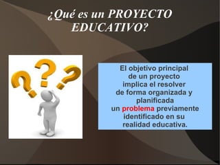 ¿Qué es un PROYECTO
   EDUCATIVO?


           El objetivo principal
              de un proyecto
            implica el resolver
          de forma organizada y
                planificada
         un problema previamente
            identificado en su
            realidad educativa.
 