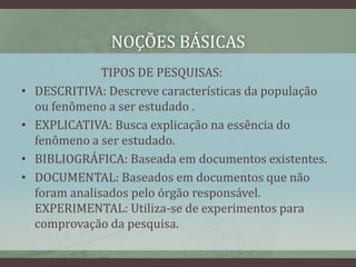 NOÇÕES BÁSICAS
TIPOS DE PESQUISAS:
• DESCRITIVA: Descreve características da população
ou fenômeno a ser estudado .
• EXPLICATIVA: Busca explicação na essência do
fenômeno a ser estudado.
• BIBLIOGRÁFICA: Baseada em documentos existentes.
• DOCUMENTAL: Baseados em documentos que não
foram analisados pelo órgão responsável.
EXPERIMENTAL: Utiliza-se de experimentos para
comprovação da pesquisa.
 