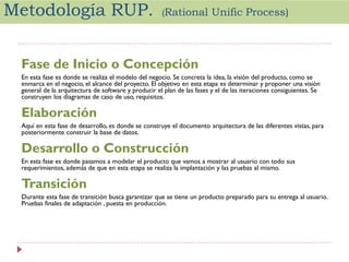 Metodología RUP.

(Rational

Unific Process)

Fase de Inicio o Concepción
En esta fase es donde se realiza el modelo del negocio. Se concreta la idea, la visión del producto, como se
enmarca en el negocio, el alcance del proyecto. El objetivo en esta etapa es determinar y proponer una visión
general de la arquitectura de software y producir el plan de las fases y el de las iteraciones consiguientes. Se
construyen los diagramas de caso de uso, requisitos.

Elaboración
Aquí en esta fase de desarrollo, es donde se construye el documento arquitectura de las diferentes vistas, para
posteriormente construir la base de datos.

Desarrollo o Construcción
En esta fase es donde pasamos a modelar el producto que vamos a mostrar al usuario con todo sus
requerimientos, además de que en esta etapa se realiza la implantación y las pruebas al mismo.

Transición
Durante esta fase de transición busca garantizar que se tiene un producto preparado para su entrega al usuario.
Pruebas finales de adaptación , puesta en producción.

 