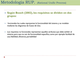Metodología RUP.

(Rational

Unific Process)



Según Booch (2002), los requisitos se dividen en dos
grupos:



funcionales los cuales representan la funcionalidad del sistema y se modelan
mediante los diagramas de Casos de Uso.



Los requisitos no funcionales representan aquellos atributos que debe exhibir el
sistema, pero que no son de funcionalidad específica, como por ejemplo facilidad de
uso, fiabilidad, eficiencia, portabilidad

 