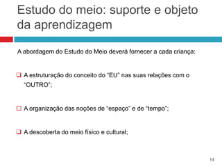 Estudo do meio: suporte e objeto
da aprendizagem

A abordagem do Estudo do Meio deverá fornecer a cada criança:


 A estruturação do conceito do “EU” nas suas relações com o
  “OUTRO”;


 A organização das noções de “espaço” e de “tempo”;


 A descoberta do meio físico e cultural;



                                                                14
 