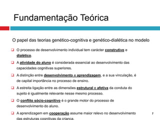Fundamentação Teórica

O papel das teorias genético-cognitiva e genético-dialética no modelo

 O processo de desenvolvimento individual tem carácter construtivo e
   dialético.

 A atividade do aluno é considerada essencial ao desenvolvimento das
   capacidades cognitivas superiores.

 A distinção entre desenvolvimento e aprendizagem, e a sua vinculação, é
   de capital importância no processo de ensino.

 A estreita ligação entre as dimensões estrutural e afetiva da conduta do
   sujeito é igualmente relevante nesse mesmo processo.

 O conflito sócio-cognitivo é o grande motor do processo de
   desenvolvimento do aluno.

 A aprendizagem em cooperação assume maior relevo no desenvolvimento        7

   das estruturas cognitivas da criança.
 