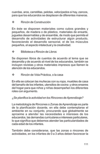 111
cuerdas, aros, carretillas, pelotas, velocípedos si hay, zancos,
para que los educandos se desplacen de diferentes maneras.
v Rincón de Construcción
En éste se disponen materiales como cubos grandes y
pequeños, de madera o de plástico, materiales de ensarte,
juguetes desarmables y de ensamble, de modo que permita el
desarrollo de actividades de estructurar algún producto,
favoreciendo el desarrollo sensorial, el de los músculos
pequeños, el aspecto intelectual y la creatividad.
v Biblioteca o Rincón de Libros
Se disponen libros de cuentos de acuerdo al tema que se
desarrolla y de acuerdo al nivel de los educandos, también se
incluyen revistas y otros materiales impresos que llamen la
atención de los educandos.
v Rincón de Vida Práctica, o la casa
En ella se colocan las muñecas con su ropa, muebles de casa
del tamaño de los infantes, utensilios de cocina y otros enseres
del hogar para que niños y niñas desempeñen los diferentes
roles con argumento.
¿Se planifica la actividad en los Rincones deAprendizaje?
La metodología de Rincones o Zonas deAprendizaje es parte
de la planificación docente, en ella debe contemplarse el
ambiente en su conjunto, procurando que globalmente se
aproxime a atender las necesidades e intereses de los
educandos, las demandas curricularese intereses particulares,
lo que significa que debemos atender las particularidades de
cada edad de los infantes.
También debe considerarse, que las zonas o rincones de
actividades, en los infantes de 0 a 3 años deben favorecer la
 
