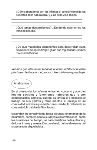 140
- ¿Cómo abordamos con los infantes el conocimiento de los
aspectos de la naturaleza? ¿y los de la vida social?
________________________________________________
________________________________________________
________________________________________________
- ¿Qué temas desarrollamos? ¿De dónde obtenemos los
tema de estudio?
________________________________________________
________________________________________________
________________________________________________
- ¿De qué materiales disponemos para desarrollar estas
situaciones de aprendizaje? ¿Con qué regularidad usamos
material didáctico?
________________________________________________
________________________________________________
________________________________________________
Veamos que elementos teóricos pueden fortalecer nuestra
práctica en la dirección del proceso de enseñanza–aprendizaje.
En el preescolar los infantes entran en contacto y abordan
hechos sociales y fenómenos naturales que le son
comprensibles, como: su cuerpo, su familia, el preescolar, el
trabajo de sus padres y otros adultos, el paisaje de su
comunidad, animales que existen en su medio, la historia de su
comunidad, la batalla de San Jacinto.
Extienden su conocimiento hacia algunos fenómenos de la
naturaleza, comprendiendo sus leyes e interrelaciones, como
las estaciones del tiempo, las características de las plantas y
de los animales y su relación con el resto de los elementos del
sistema natural que habitan.
Analicemos
 